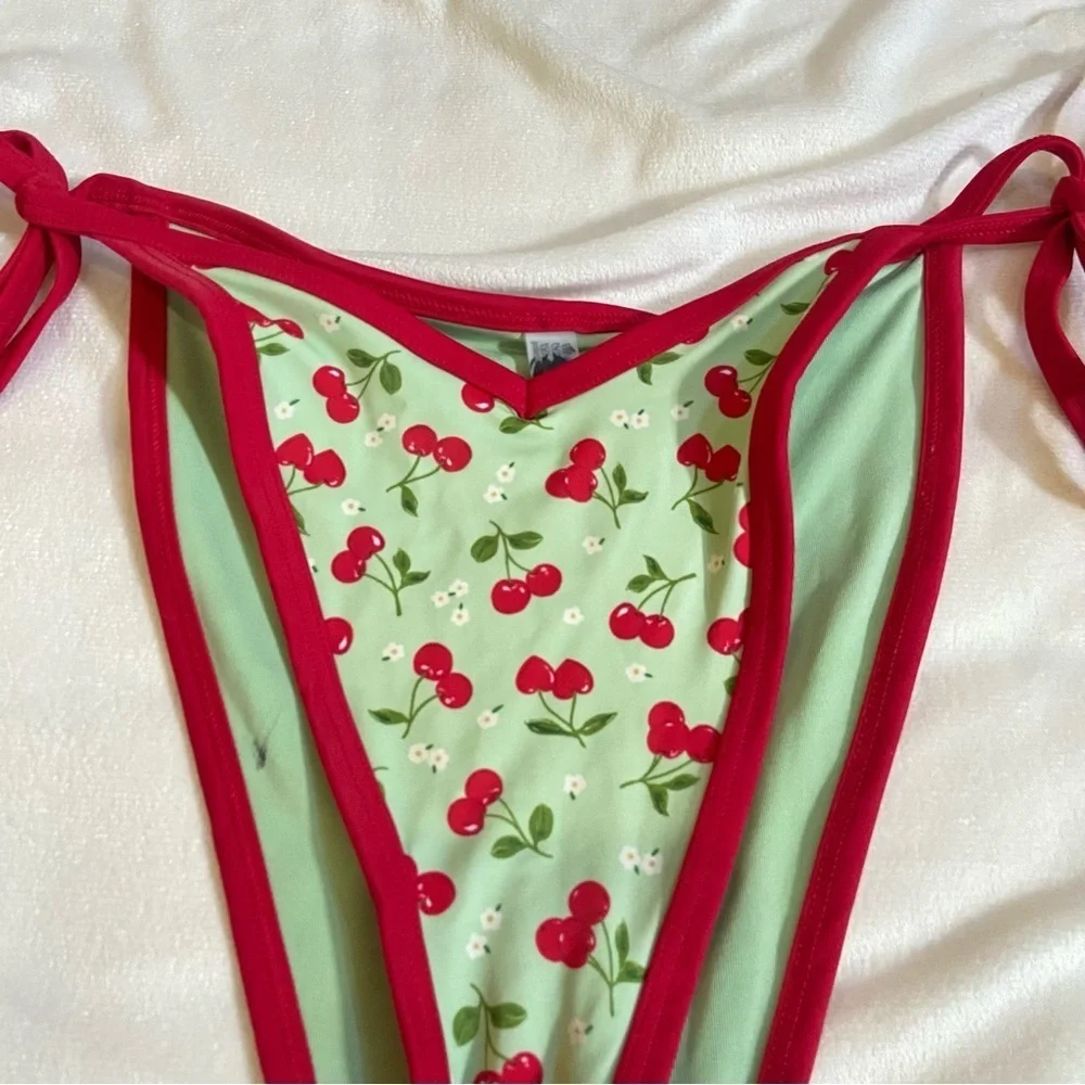 New! Frankie’s Bikinis x Pink Cherry Print Bikini Bottom green 1546